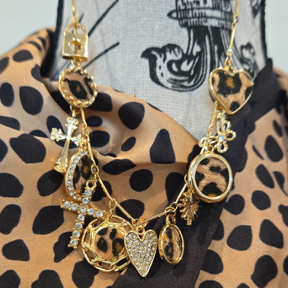 Elegant Gold Faux Leopard Fur Heart, Cross, Butterfly 12 Charm Necklace New